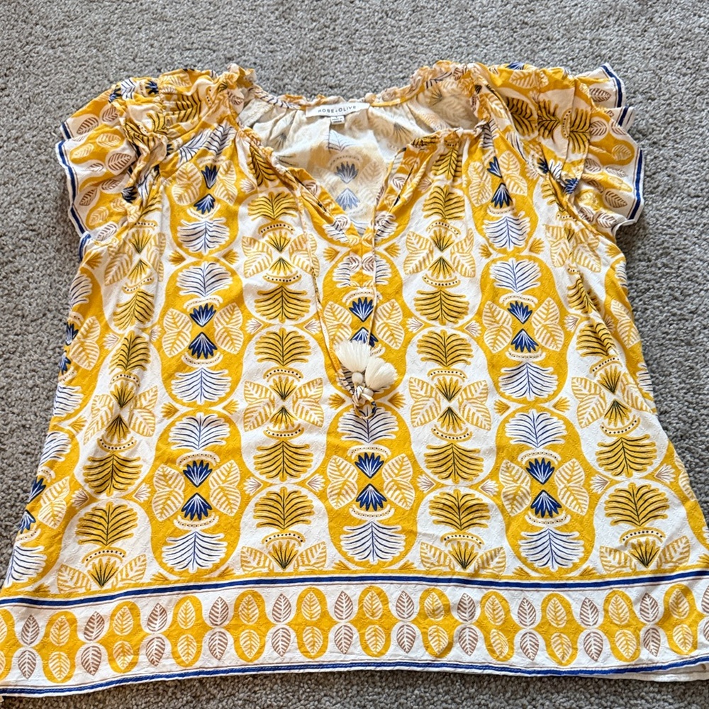 Rose & Olive Leaf Print Blouse in Yellow and Blue